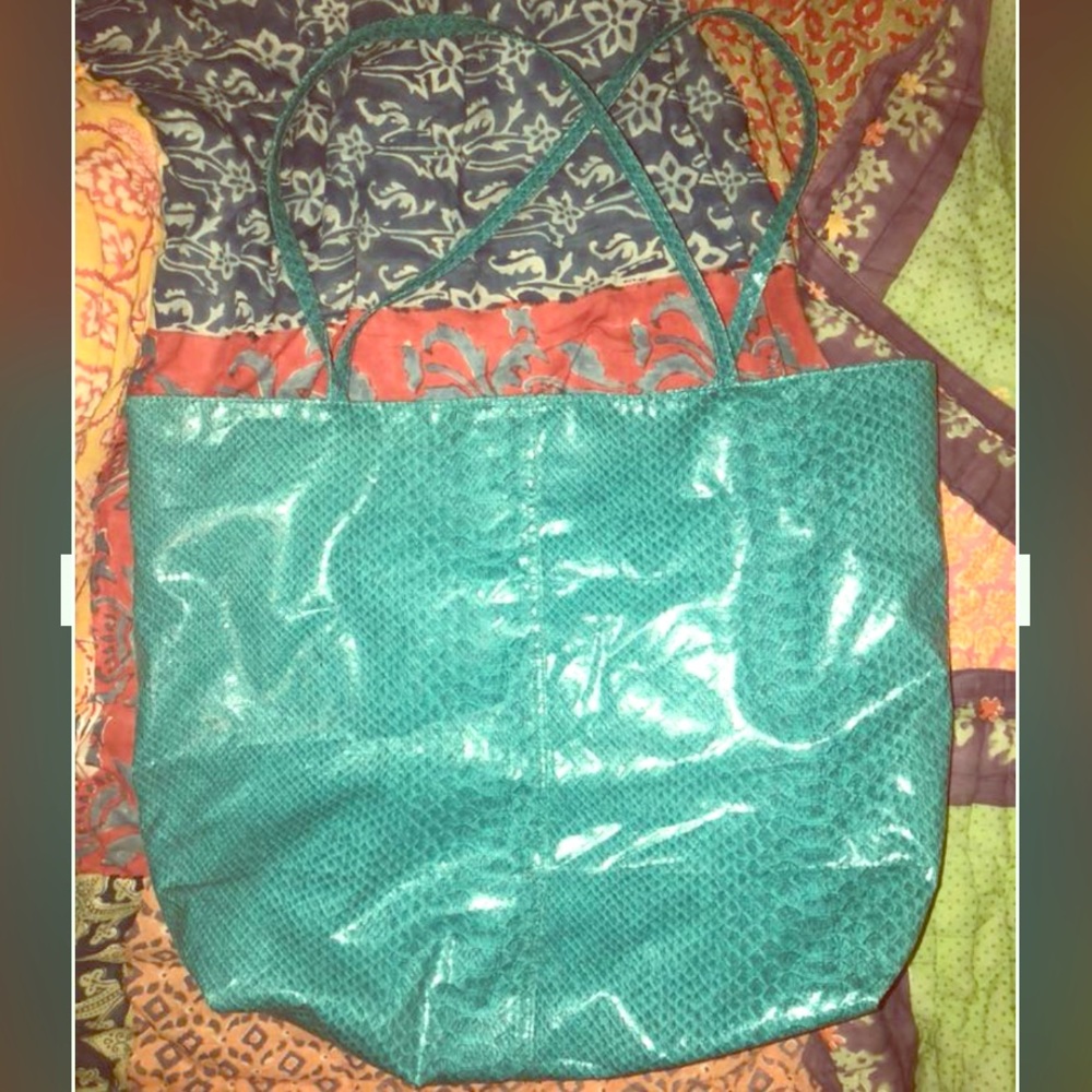 Saks Fifth Ave Teal Snakeprint Tote- Vegan